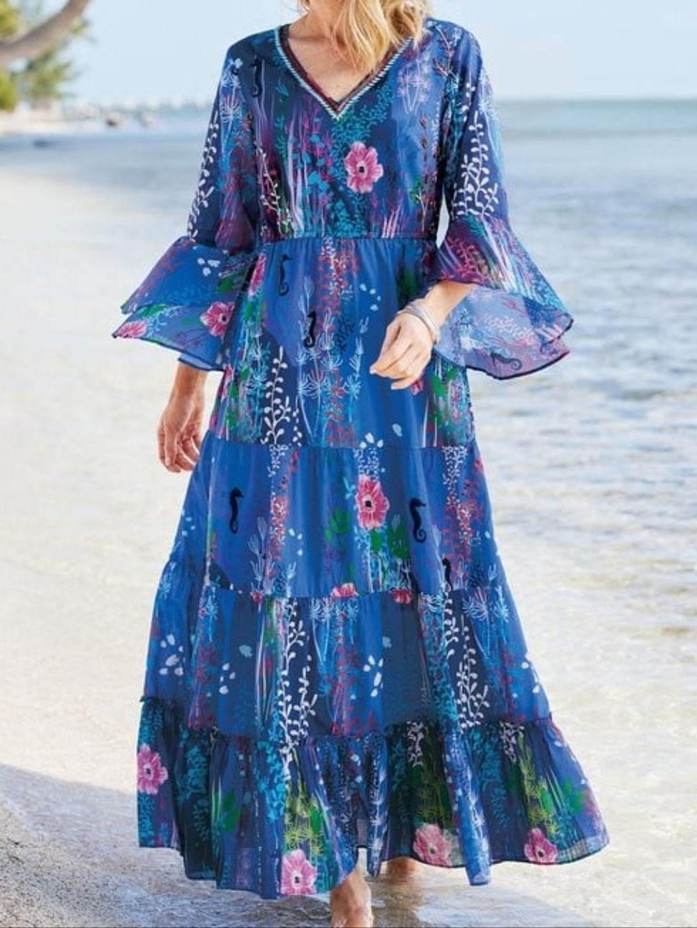 Soft Surroundings NWT Marta Maxi Dress in a blue tropical print Cotton Size: XL